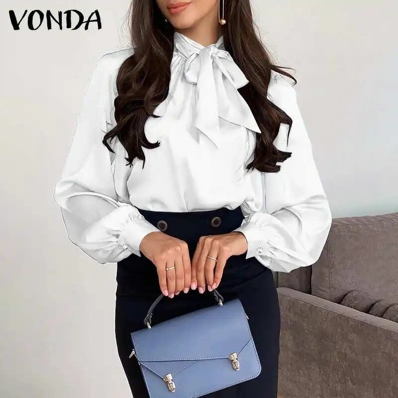 여성 새틴 블라우스 우아한 랜턴 슬리브 솔리드 컬러 Pleated 탑 2021 VONDA 여성 높은 목 단추 위로 사무실 숙녀 셔츠