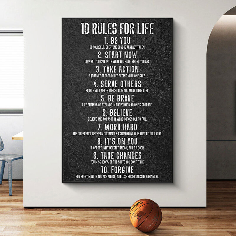 10 삶의 규칙 동기 부여 포스터 영감 캔버스 인쇄 벽 아트 오피스 장식 홈 장식 동기 부여 로그인 긍정적 인 말