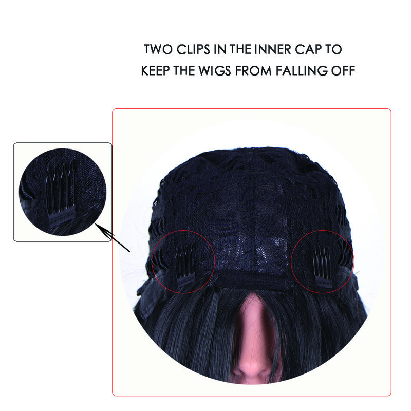 Junsiショートストレートかつらのための前髪とファッション女性合成かつら黒ボブかつら耐熱コスプレ毛