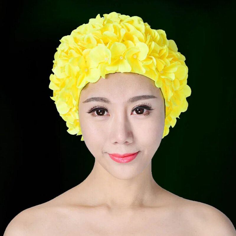 Topi Renang Pantai Buatan Tangan Wanita Ukuran Bebas Rambut Panjang Lembut Bersirkulasi Menyelam Perlindungan Unik Bunga Olahraga Air Elastis Solid