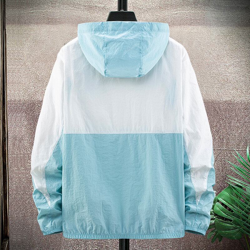 여름 태양 보호 의류 Unisex 후드 캐주얼 재킷 남자 야외 통기성 얇은 코트 플러스 크기 6XL 7XL 8XL