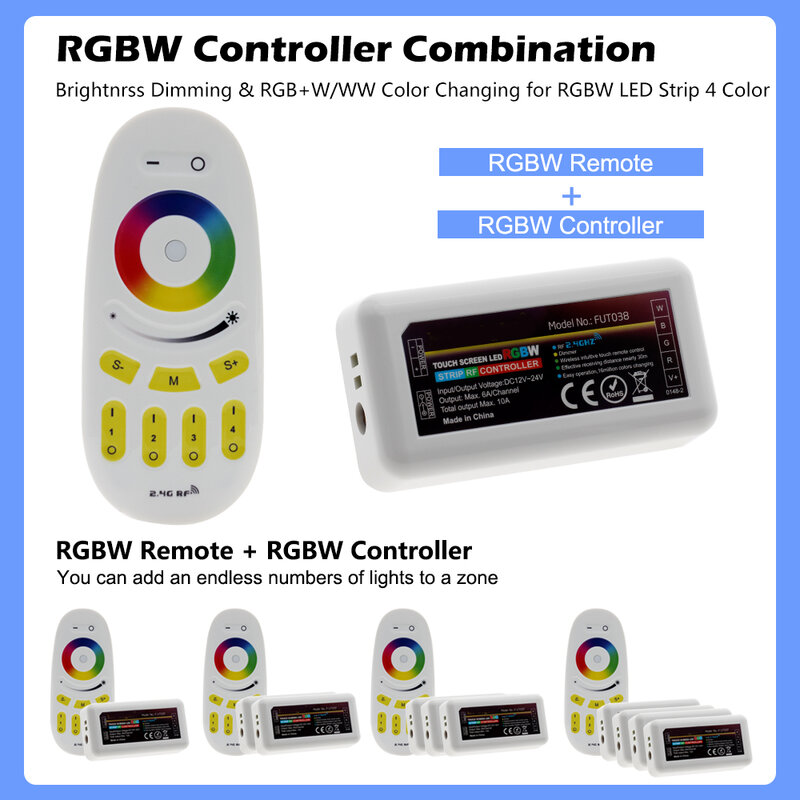 Contrôleur intelligent de bande LED RGB, RGBW, RGBWW, RGBCCT, gradation de luminosité, télécommande réglable pour bande LED