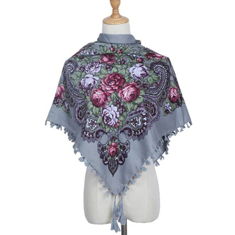 Autumn And Winter Cotton Russian National Style Scarf Printed Scarf Women's New Square Multifunctional Fringed Shawl