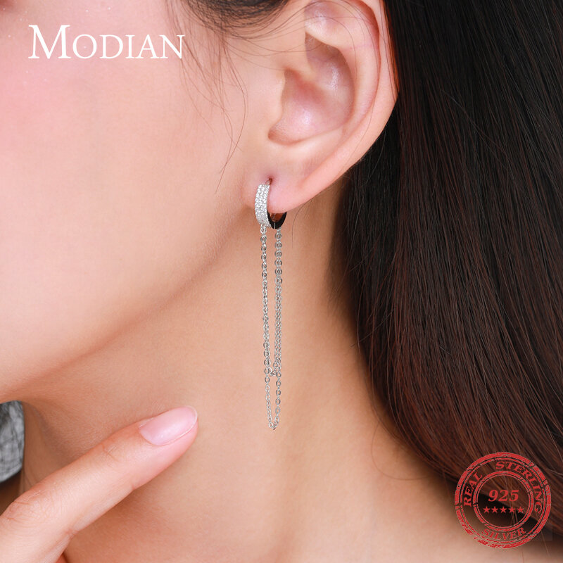 Modian Real 925 Sterling Silver Claer CZ Sparkling Long Tassel Elegant Hoop Earrings For Women Wedding Statement Fine Jewelry