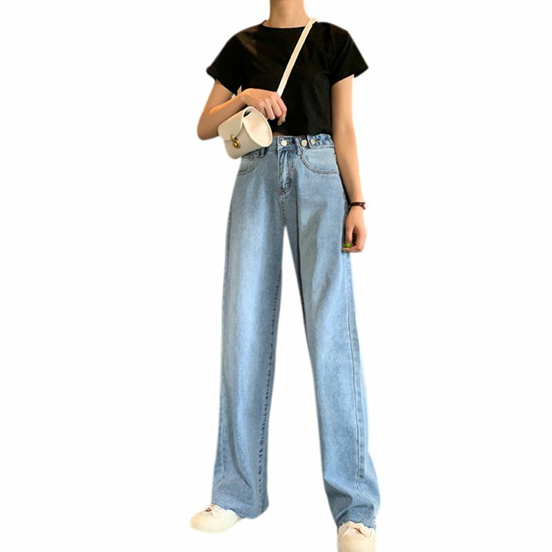 Damas de Denim de cintura alta recto ancho pierna pantalones sueltos-Encuentro de pantalones luz azul XL