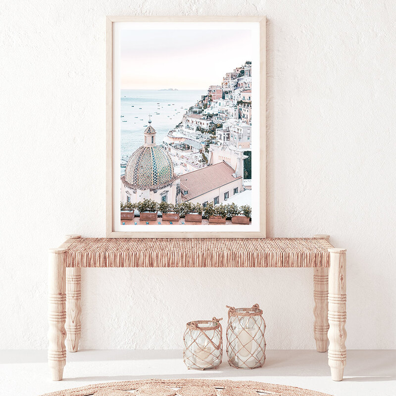 ملصق سيارة إيطالي Amalfi بباب الساحل مطبوع عليه مناظر طبيعية وحلم شاطئ وردي إقتباس ديكور جداري لوحة فنية من القماش صورة المناظر البحرية