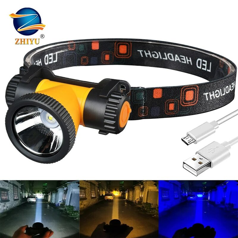 휴대용 미니 Q5 LED 헤드램프 흰색 노란색 파란색 광원 USB 충전식 캠핑 헤드 램프 낚시 헤드 라이트 손전등