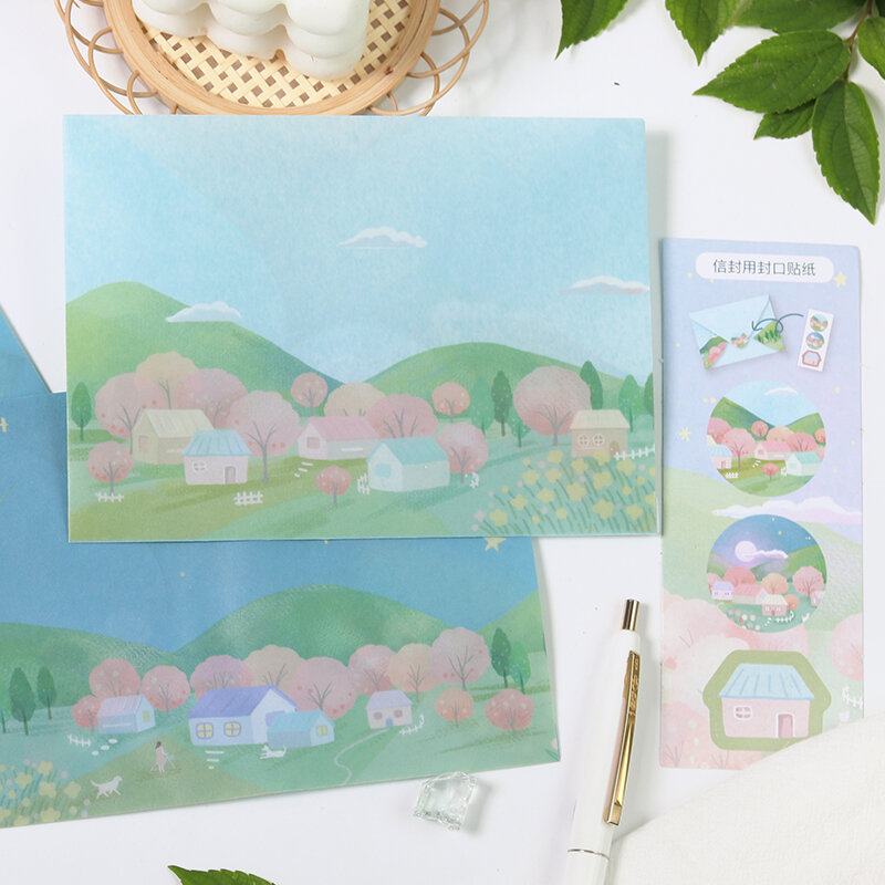 4 estilo 12 envelope 12 adesivos desenhos animados pintura à mão bela paisagem litmus envelopes de papel