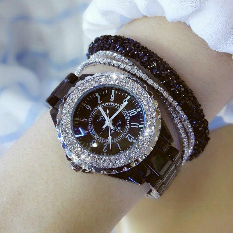 BS – montre-bracelet de luxe en céramique pour femmes, en cristal blanc, à Quartz, à la mode