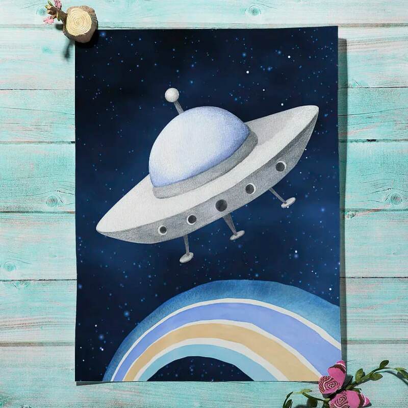 طفل مخصص اسم الأبجدية الفضاء UFO رائد الفضاء كوكب جدار قماش رسم 