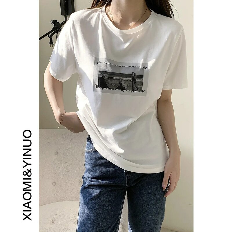 Yg marca roupa feminina, moda manga curta camiseta, 2021 novo simples solto em torno do pescoço impresso branco topo
