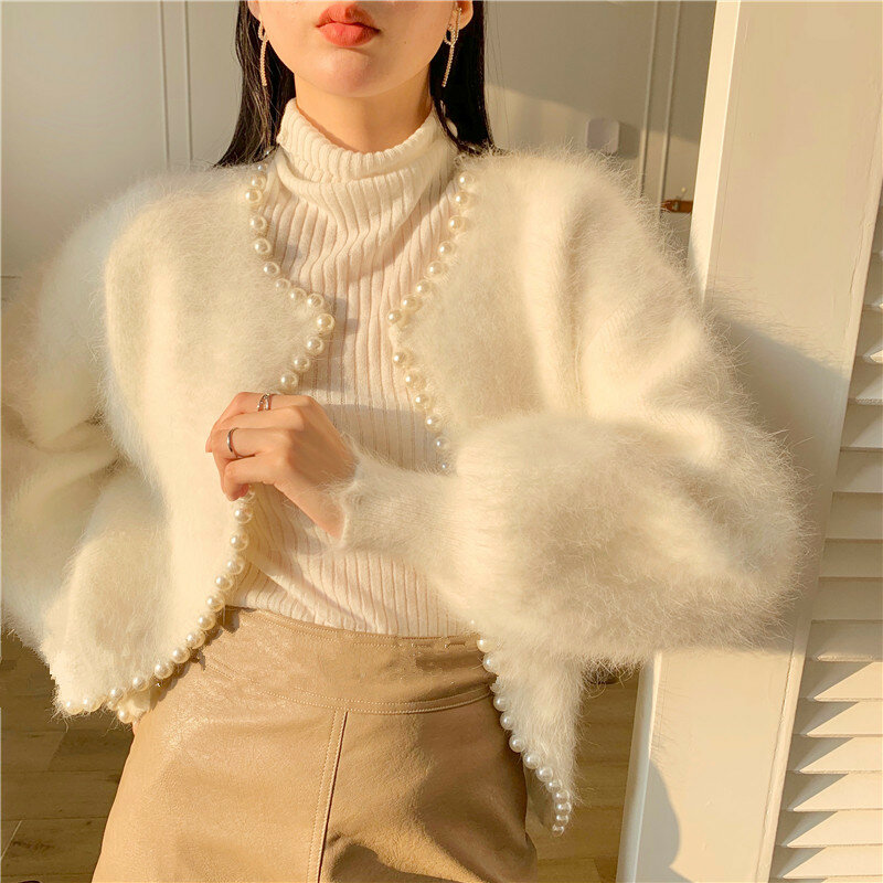 Elegante Pullover Süße Laterne Hülse Nerz Cashmere-Pullover Strickjacke Koreanische Perlen 2021 Neue Kausalen Strickwaren Öffnen Stich