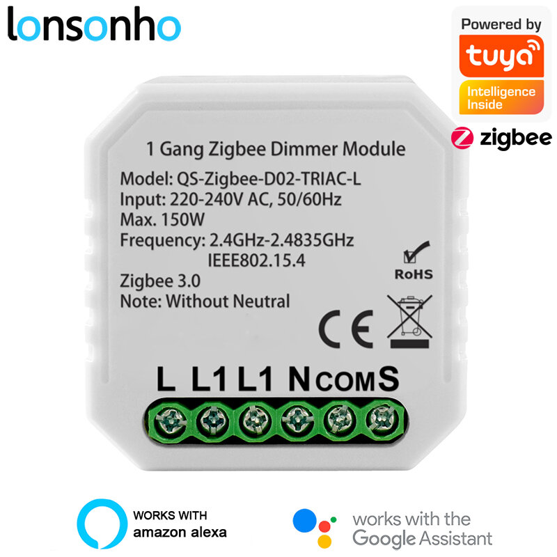 Lonsonho-Módulo de interruptor inteligente Tuya Zigbee, atenuador de 220V, No Neutral, compatible con Smart Life, Zigbee2MQTT, asistente de Google Home