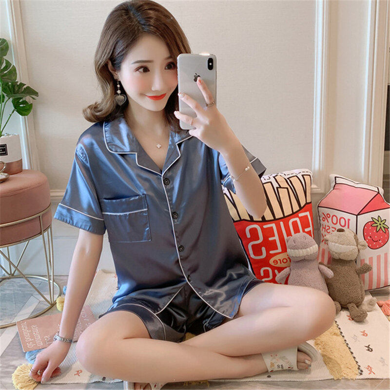 JULY'S SONG 2020 New Spring Summer Women Faux Silk Pajamas Set Simple Pure Color Leisure Nightwear Short Sleeves Sleepwear