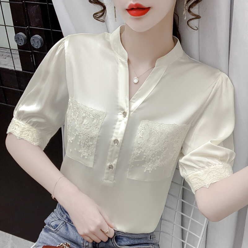 Twicefanx blusa camisas blusa feminina 2021 verão rendas ponto bordado solto vintage v-neck curto-mangas compridas chiffon camisa 532f