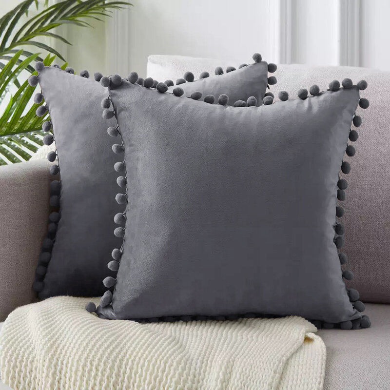 Fundas de almohada de terciopelo suave, cubierta de cojín sólida, almohadas decorativas cuadradas con bolas para sofá, cama, coche, hogar