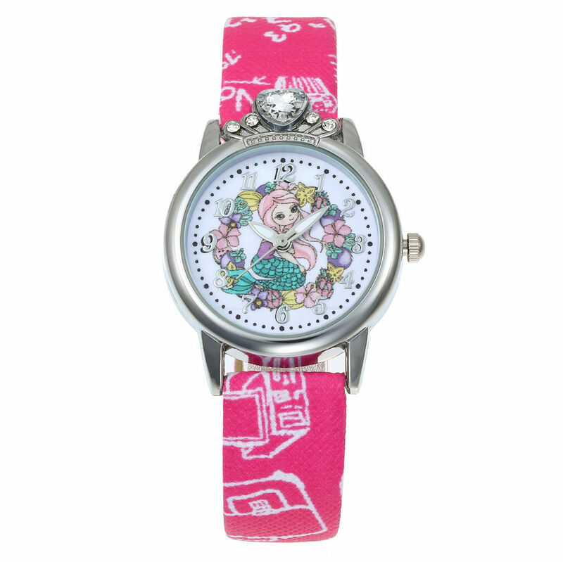Baru Kartun Anak Putri Duyung Fashion Gadis Anak Pelajar Berlian Leather Analog Jam Tangan Merah Muda Yang Indah Wreath Watch Reloj