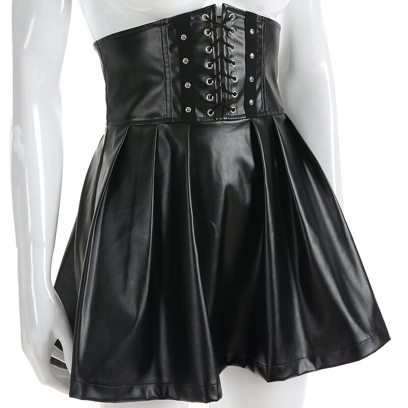 Faldas góticas de cuero PU negro para Mujer, Falda plisada con cremallera frontal de cintura alta, a la Moda, Sexy, para Festival