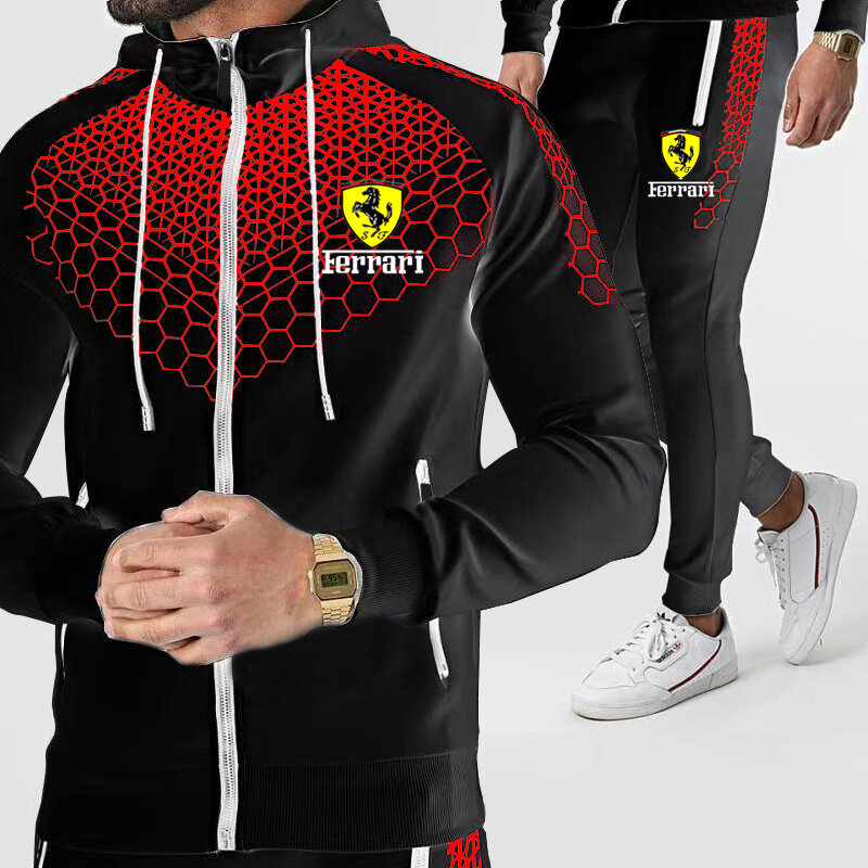 Set Casual da uomo Ferrari logo Brand Splice Jogger tuta con cerniera felpe  con cappuccio + pantaloni 2PC set abbigliamento sportivo da uomo  abbigliamento sportivo / Set da uomo