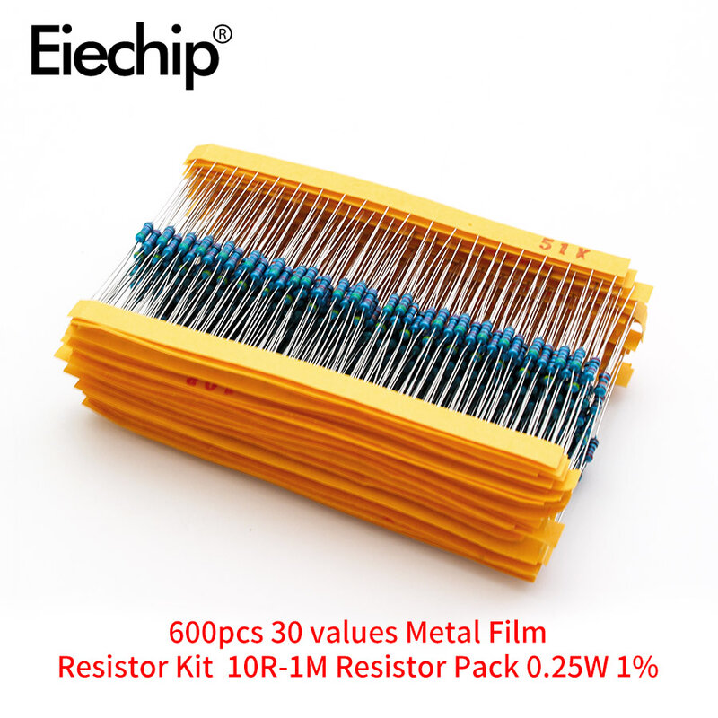 Kit de resistencias de película metálica 1%, caja de resistencia de anillo de color, 10 ohmios ~ 1 M ohm, 1/4W, 30 valores x 20 piezas, 600 piezas