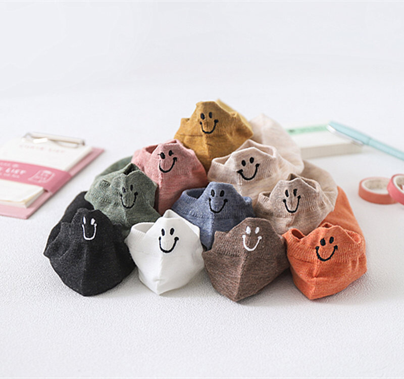 Calcetines tobilleros de algodón con bordado de cara sonriente para mujer, medias japonesas con tacón, 10 pares, primavera y verano