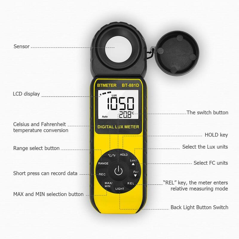 BTMETER Digital Illuminamento Light Meter Lux Meter di Misura 0.01 ~ 400,000 Lux Temperatura con 270 ° Ruotato Luce del Sensore Tester