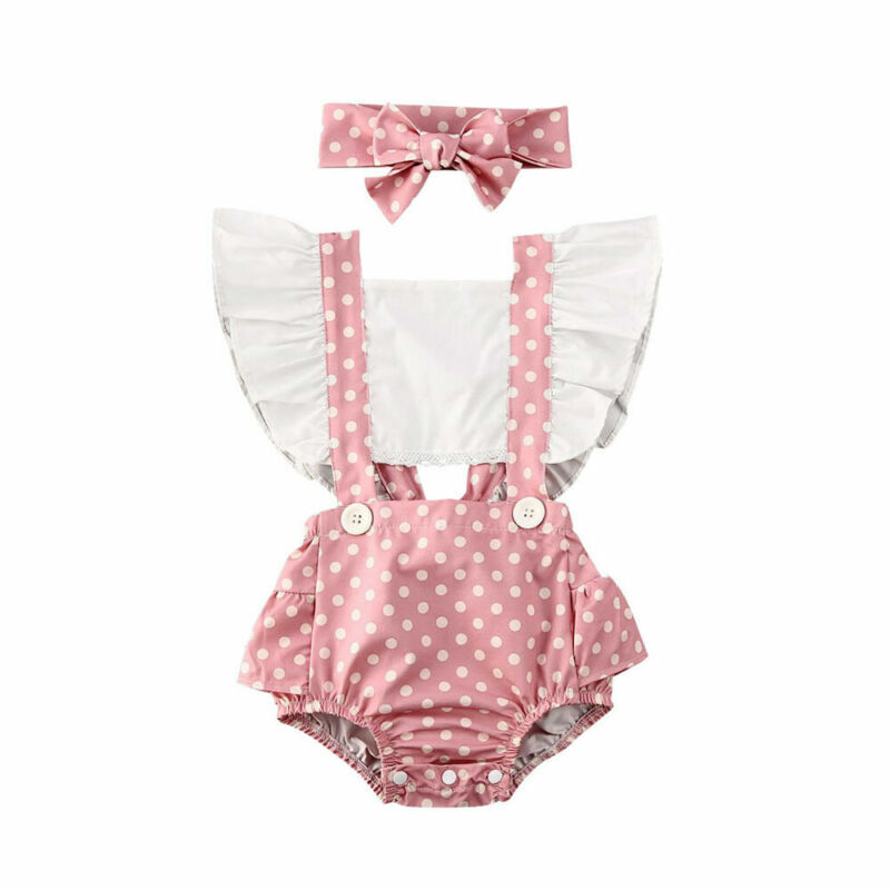 Toddler Baby Girl Bodysuits Headband 2pcs Polka Dot Print Ruffles Short Sleeve Playsuit Outfits Set 0-24M