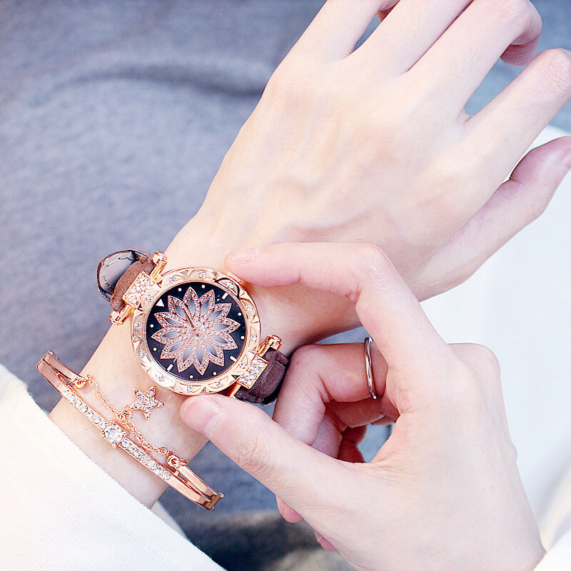 Relógios luxuosos para mulheres, conjunto de pulseiras com céu estrelado, para moças, pulseira de couro, casual, quartzo, relógio de pulso