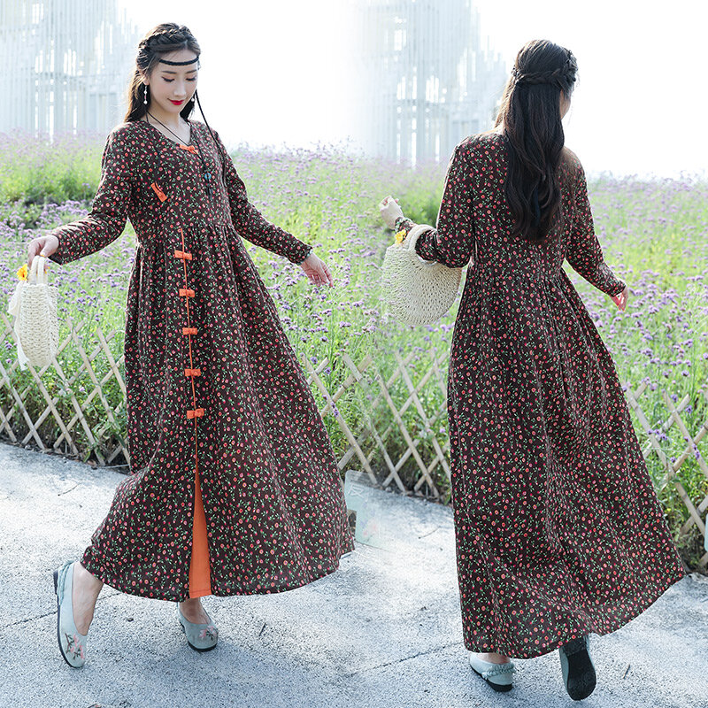 Robe lache en lin en coton a manches longues style ethnique d'automne Robe  L3L9
