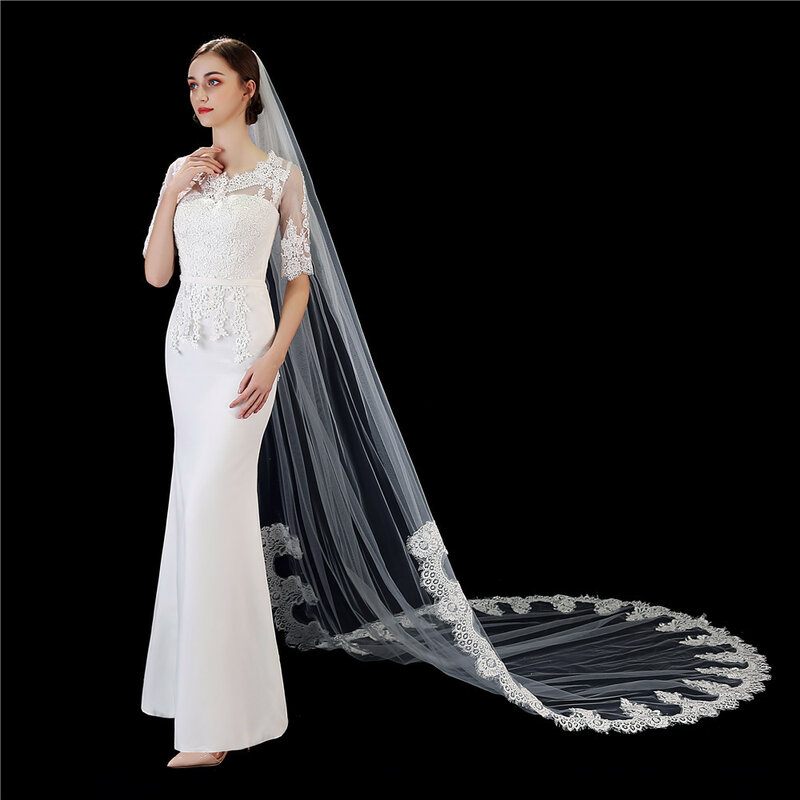 الزفاف الحجاب 2021 جديد الزفاف مع مشط الدانتيل حافة طبقة واحدة Appliqued الديكور 3m كاتدرائية s