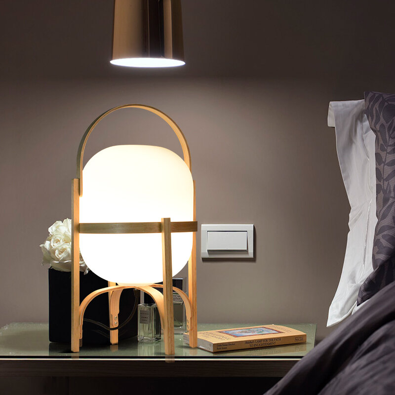 Lámpara de mesa de vidrio y madera Natural japonesa, luz LED E27 para mesita de noche, sala de estar, estudio, iluminación de mesa