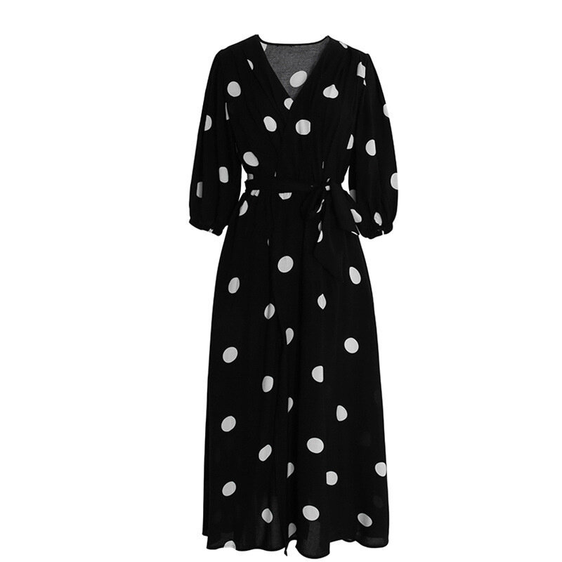Boho 새로운 여름 맥시 드레스 의류 빈티지 슬림 프랑스 레트로 헵번 바람 블랙 폴카 도트 긴 가운 한국 스타일 패션, 2021