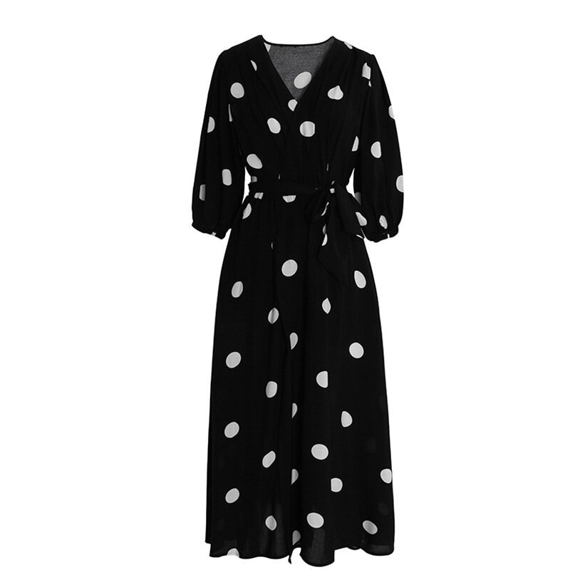 2021 Boho New Summer Maxi Dress Clothes Vintage Slim French Retro Hepburn Wind Black Polka Dot Long Robe Korean Style Fashion