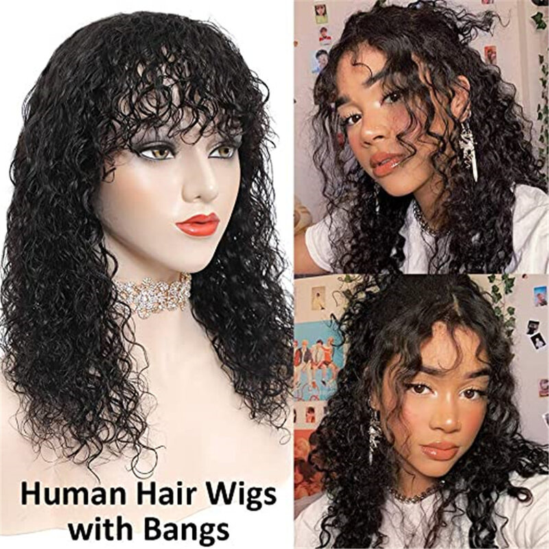 Wig Rambut Manusia Gelombang Air dengan Poni Penuh Mesin Dibuat Ikat Kepala Syal Wig Rambut Manusia Tanpa Lem Keriting Wig Remy Rambut Brasil