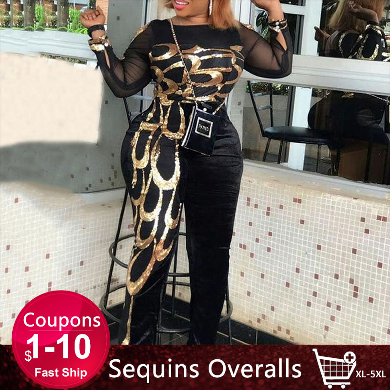 S-5XL Casual Golden Printed Black Plus Size Women Sexy Jumpsuit Mesh See Through African Fashion Overalls Slim Long Jumpsuits