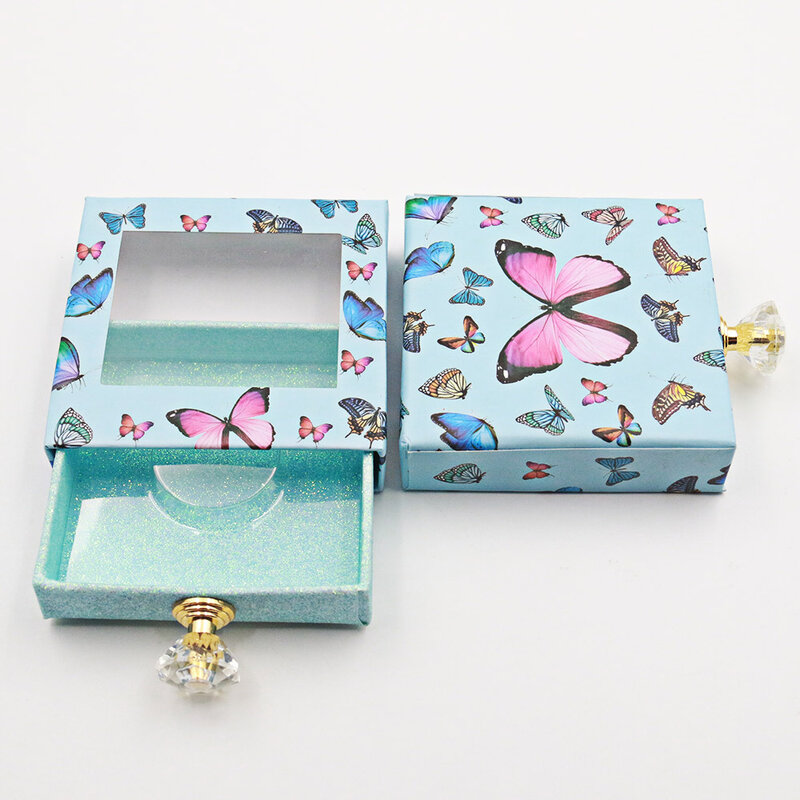 Schmetterling Muster Design Wimpern Verpackung Box Wimpern Boxen Verpackung Kristall Griff Nerz Wimpern Halter Fall Mit Klare Tablett