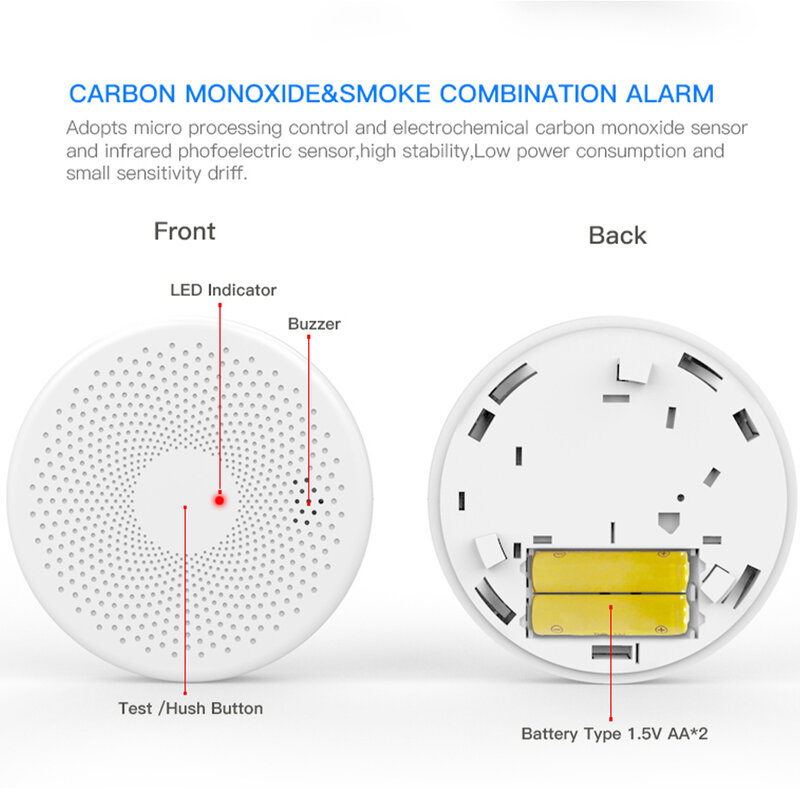 WIFI 2 in 1 Smoke Carbon Monoxide Combo Detector CO Gas Smoke Alarm Sensor 85DB Alarm Sound Tuya Smart Alarm Security System