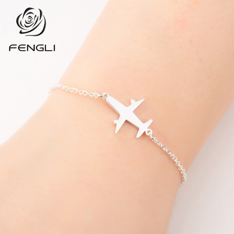 Fengli novo avião de metal rosa ouro pulseiras & bangles para as mulheres delicado pingentes pulseira femme presentes 2019