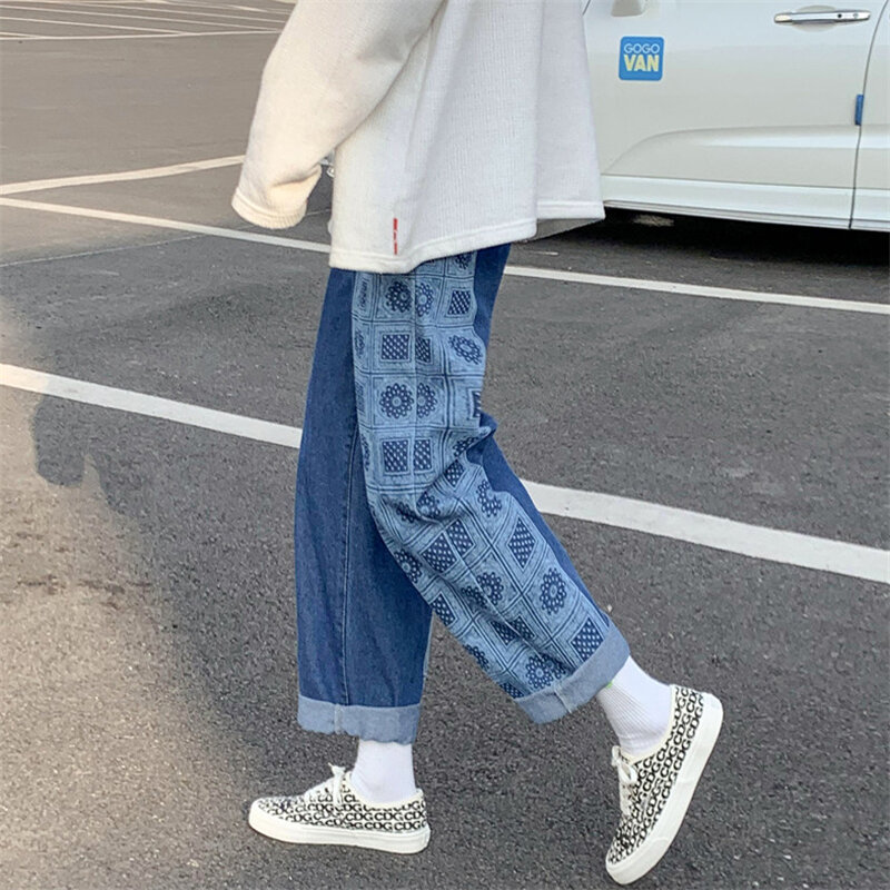 Harajpoo homem jeans 2021 nova primavera outono coreano ins moda reta solta cortada perna larga na moda costura calças masculinas