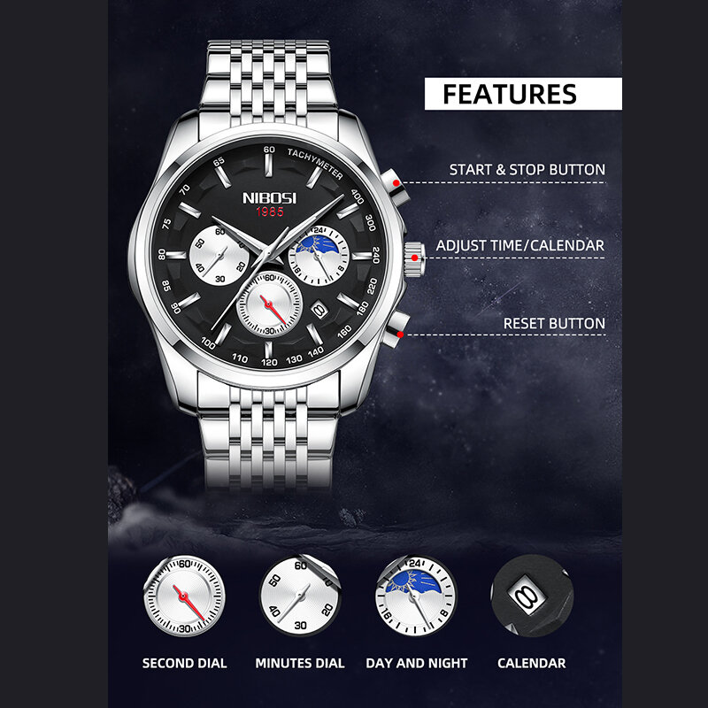 NIBOSI-reloj deportivo de cuarzo para hombre, cronógrafo luminoso, resistente al agua, color negro, nuevo, 2021