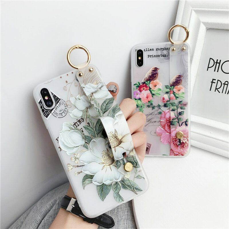 For Samsung Note 20 ultra 10 9 8 S20 FE 5G 4G S20 S9 S8 Plus S10 Lite Silicone Case Wrist Strap Hand Band Flower Soft Cover
