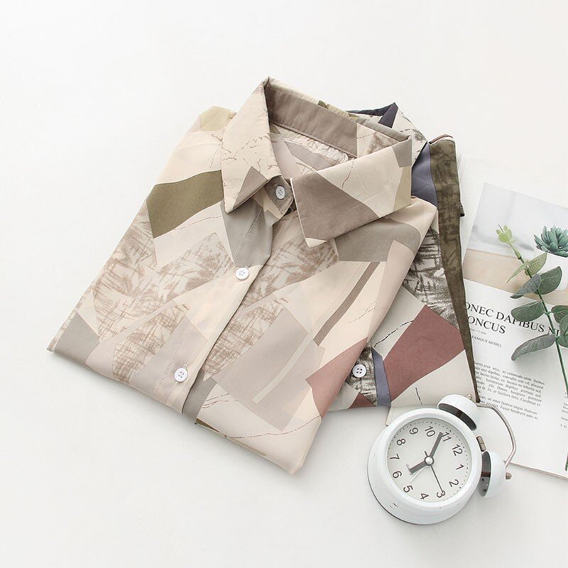 Женская блузка с длинным рукавом, свободная Тонкая блузка в ретро-стиле с геометрическим принтом и отложным воротником, весна-лето 2020