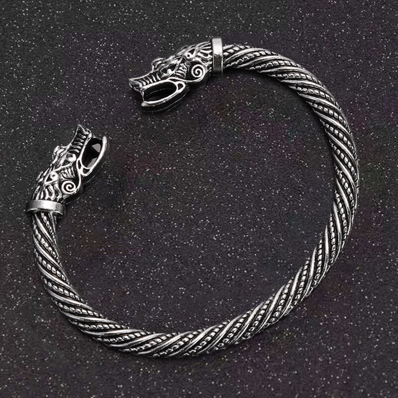 Vintage Dragon Head Mond Open Manchet Armband Nordic Viking Bangle Antiek Zilver Kleur Twisted Patroon Gesneden Polsband Sieraden