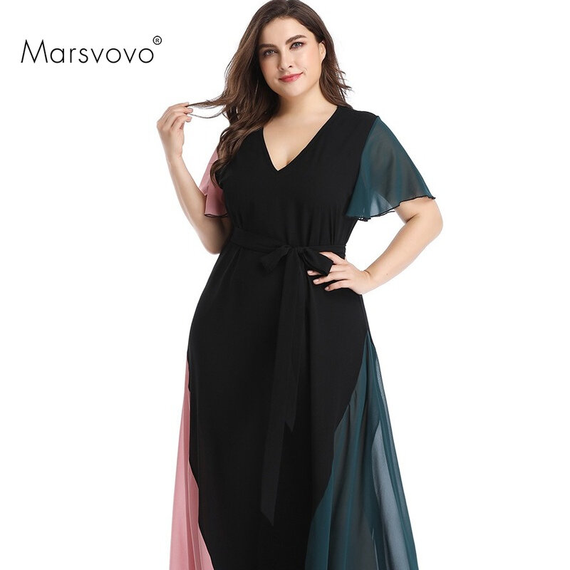 Plus rozmiar sukienki Color Block Patchwork damska odzież luźna długa sukienka Grande ogon sukienka oversize eleganckie na co dzień Vestidos