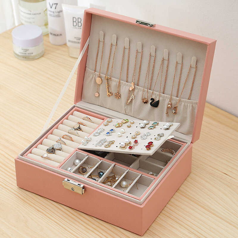Nova caixa de jóias de couro de duas camadas organizador de exibição caso de armazenamento presente feminino com bloqueio