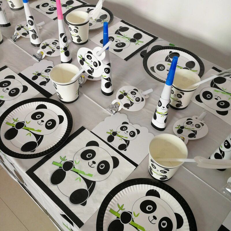 Rysunek przedstawiający pandę motyw jednorazowa imprezowa zastawa stołowa dla dzieci materiały do dekoracji urodzinowej talerz serwetka serwetka słomiana Banner obrus