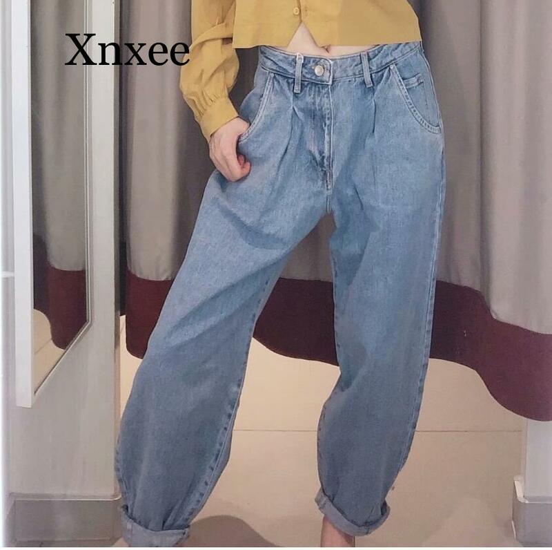 #Blue pantalones holgados Para papá y adolescentes bombachos para estudiantes de zanahoria Pantalones vaqueros de cintura alta para mujer XYX 