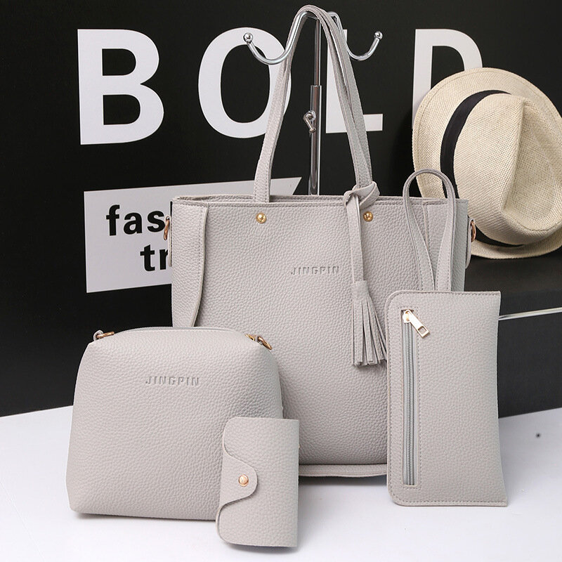 Litchi – sac à main Composite en cuir pour femmes, lot de 4 pièces, sac à bandoulière avec pompon, sacoche Fashion, pochettes, 2022