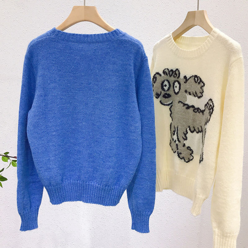 Animal dziany damski sweter z nadrukiem z długim rękawem Casual szeroki sweter Top 2021 jesienno-zimowy damski sweter z dzianiny biały niebieski