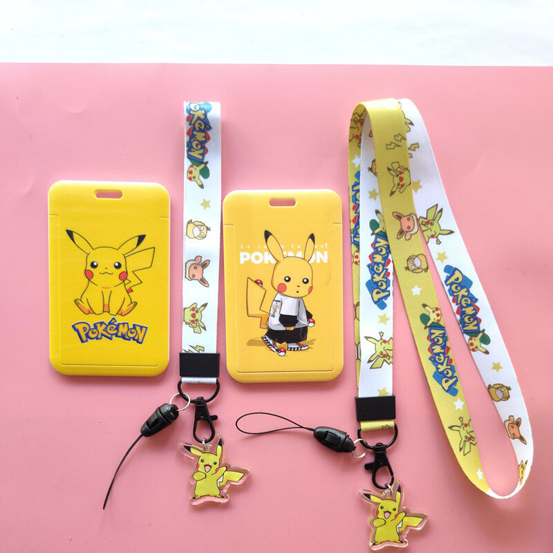 Pokemon Original Elves Pikachu Cartoons Hanging Neck Bag Children Campus Card Cover Pokemon Cartoon PVC ID Holders with Lanyard